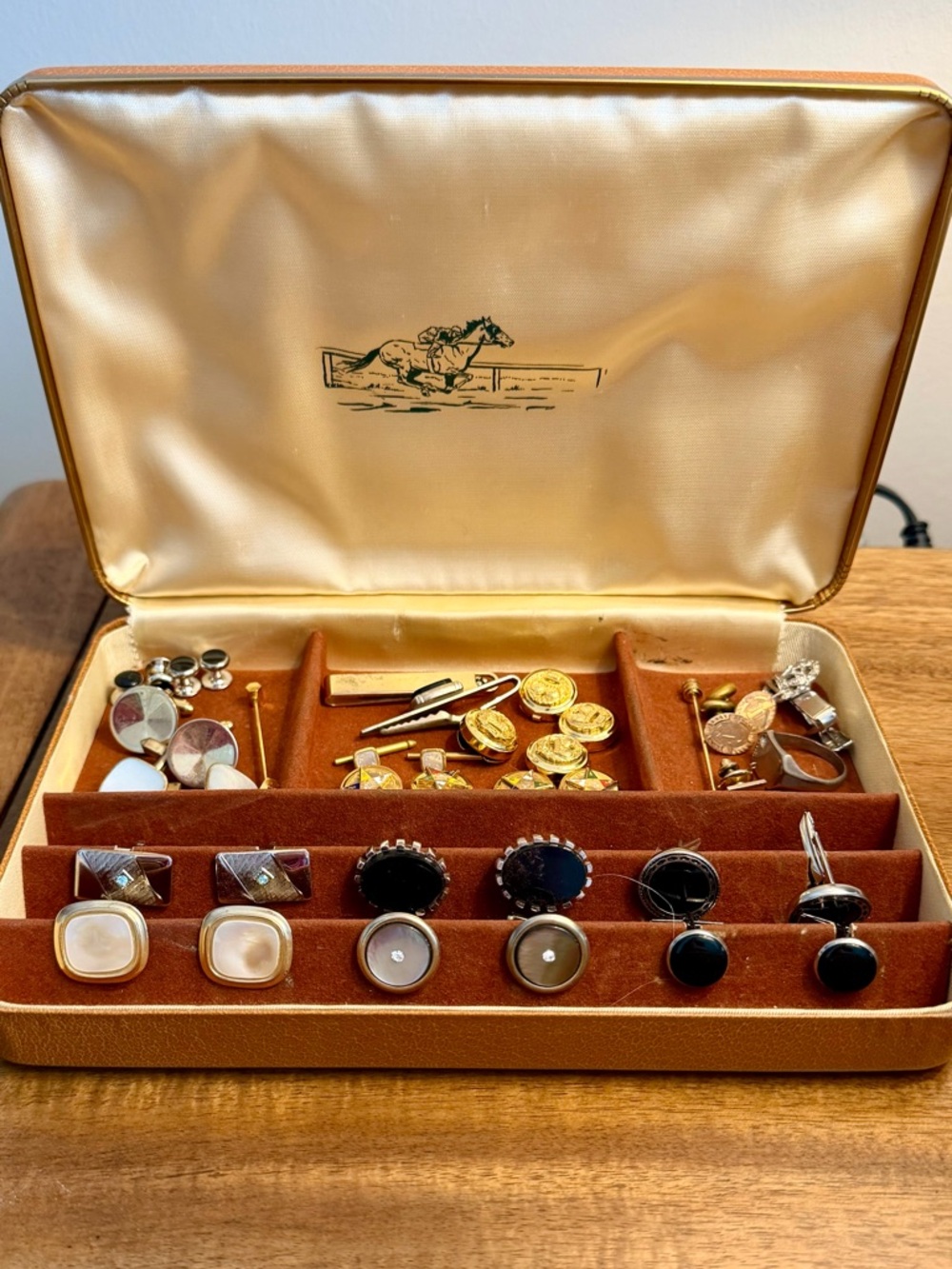 Mid Century Lot of Men’s Cuff links, tie tacks, clips with leather box